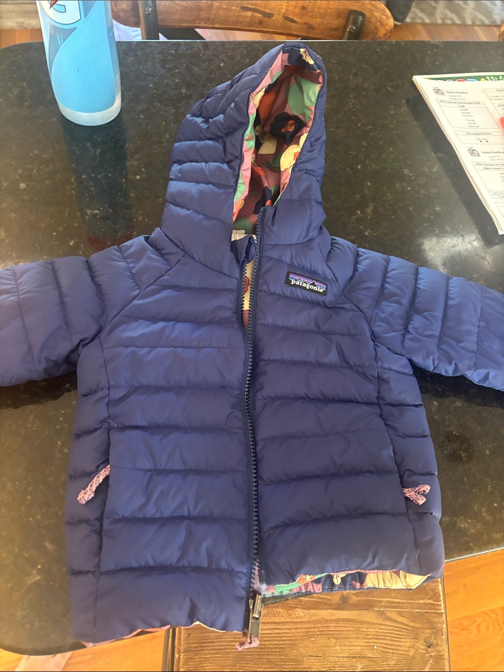 Patagonia Girls' Navy Hooded Puffer Jacket with Colorful Lining